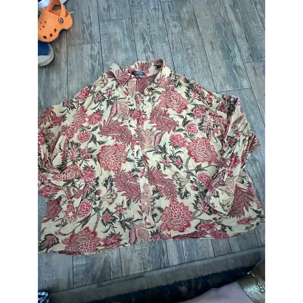 Lauren Ralph Lauren Women's Silk & Linen Floral Print Button Down Shirt Size 3x